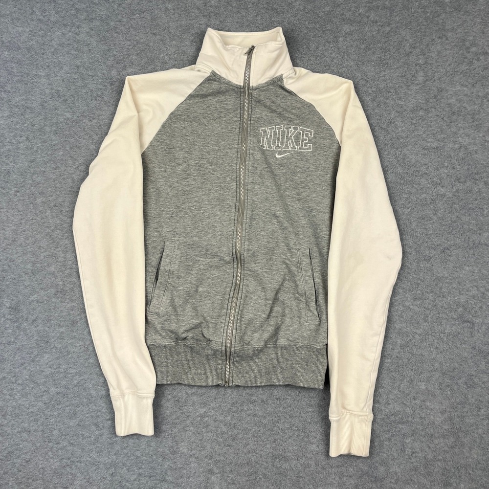 Nike Track Jacket Womens Small Gray Cream Spell Out Full Zip Raglan Sweatshirt